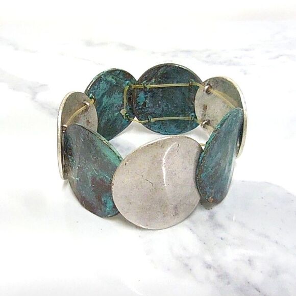 Boho Chunky Bracelet | 8.5" Faux Silver & Patina Copper Discs | Bohemian Style - Picture 2 of 3